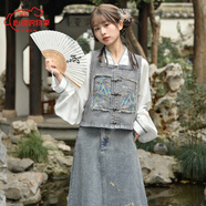 森女部落千里江山牛仔系列 新中式牛仔馬甲改良漢服國(guó)風(fēng)套裝新復(fù)古回潮 藍(lán)色馬甲(單件)（單件） S