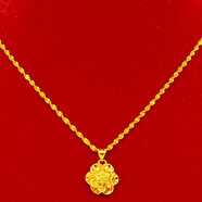 越南沙金項鏈女24k純金色正品仿真鎖骨鏈999久不掉色鍍金吊墜首飾 水波鏈+小花（送戒指耳釘）