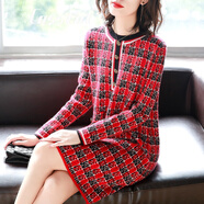 卡思彤（Cosstot）品牌女裝 長袖針織連衣裙女秋冬新款過衣服格子氣質(zhì)打底裙子 紅色 M 【100斤以內(nèi)】
