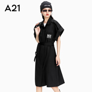 A21夏季新品時尚女裝風(fēng)衣式中長連衣裙中袖收腰氣質(zhì)蝙蝠袖連衣裙女 黑色 S