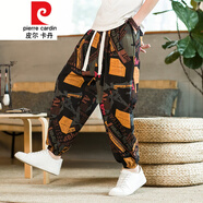 皮爾卡丹（pierre cardin）民族風(fēng)泰國大象印花休閑褲男沙灘夏季亞麻寬松褲子黑白花紋哈倫褲 K299牛仔黑-棉麻 4XL