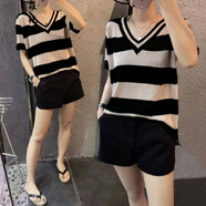 大碼女裝胖mm套裝夏季遮肚子顯瘦上衣夏季新款大碼女裝200斤胖妹妹短袖T恤藏肉短褲套裝 黑色【條紋套裝】 2XL 【建議130-150斤】