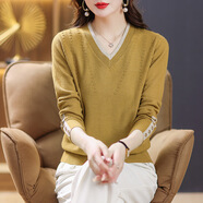 歌米拉（Gemila）針織衫女春秋新款V領(lǐng)上衣外穿雞心領(lǐng)打底衫寬松韓版毛衣 黃色 2XL 建議130斤-140斤