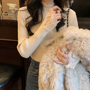 諾兮紗蕾絲花邊打底衫女秋冬內(nèi)搭半高領(lǐng)修身氣質(zhì)毛衣杏色長袖針織衫上衣 杏色【花邊針織衫打底百搭】 M 90-100