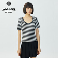阿瑪施（AMASS）女裝新款拼色字母U領條紋修身短袖T恤上衣女5300759 黑白條 XL (5碼)