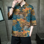 有衣有靠白尾港胖子大碼夏季2024夏季薄款冰絲短袖t恤男中國(guó)風(fēng)盤(pán)扣唐裝潮 T650藍(lán)色 立領(lǐng) M