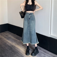 涓涓細(xì)語復(fù)古牛仔半身裙女2023年春夏季新款高腰顯瘦毛邊中長款魚尾裙子潮 復(fù)古藍(lán) S