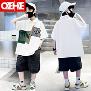 OEHE男童Polo衫夏季薄款中大童男孩短袖T恤兒童復古半袖上衣學生裝 白色套裝 160 cm