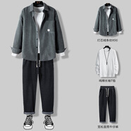 摘星少年衣服男燈芯絨外套男士套裝春秋加厚2024男裝一套夾克襯衫三件套 深灰三件套燈芯絨+長(zhǎng)袖+牛仔褲】 3XL
