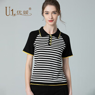 昊藝昊藝百分百桑蠶絲真絲條紋T恤衫上衣針織衫白領(lǐng)百搭 黑/白 L 160/88A