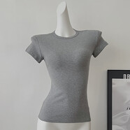 顯身材彈力正肩T恤女夏季顯瘦美式辣妹收腰短袖純色圓領運動上衣 灰色 S