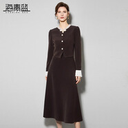 海青藍(lán)（CYANINE SEA）時(shí)尚木耳邊圓領(lǐng)盤扣上衣高腰半身裙兩件套女2024秋冬穿搭一整套 咖色 M