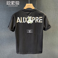 歐索狼（OUSUOLANG）2025夏季新款短袖t恤男士潮牌刺繡印花潮流時尚圓領體恤衣服男裝 黑色 L