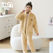 嚕嚕牛女童睡衣兒童珊瑚絨睡衣寶寶小孩子秋冬中小童保暖家居服套裝 62209-黃色 170 (M碼建議身高160-165)