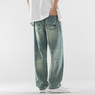 沐秋（MUQIU）高性價比春季懷舊簡約美式闊腿牛仔褲男寬松直筒褲休閑垂感長褲子 36淺藍(lán) 38(180-200斤)