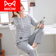 貓人（MiiOW）睡衣女春秋款純棉長(zhǎng)袖韓版秋冬夏季學(xué)生家居服可愛2025年新款套裝 長(zhǎng)袖長(zhǎng)褲色織條紋 L 女：(建議體重95-110斤)