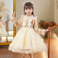 安妮優(yōu)兒（Anneyol）女童連衣裙冬款公主裙2025新款兒童秋冬裝裙子小女孩冬季加絨裙子 香檳色棉里 +同款發(fā)飾 110