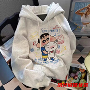 事思卡通蠟筆小新印花連帽衛衣女秋冬學(xué)生oversize寬松ins風(fēng)外套 白灰色春秋季-薄-潮流衛衣女加絨 M85-105斤-潮流衛衣女加絨