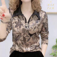 BJORN MOAN長(cháng)袖女2025春裝新款印花燙鉆打底衫遮肚蕾絲上衣洋氣小衫 咖色 XL 建議90-110斤