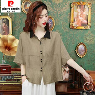 皮爾卡丹（pierre cardin）短袖襯衫夏季女裝新款寬松翻領(lǐng)媽m媽撞色拼接氣質(zhì)仿天絲襯衣蝙蝠 卡其色 2XL 125-135斤