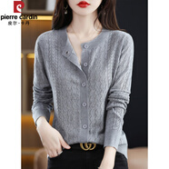 皮爾卡丹（pierre cardin）品牌25夏季薄款含桑蠶絲羊毛開(kāi)衫女圓領(lǐng)寬松長(cháng)袖鏤空針織披肩外套 灰色 XL