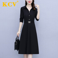 KCV女裝黑色連衣裙女新款赫本風(fēng)翻領(lǐng)減齡時(shí)髦顯瘦收腰中長(zhǎng)款裙子 黑色（春秋款） XL （115-130）