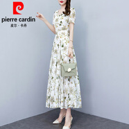 皮爾卡丹（pierre cardin）碎花雪紡連衣裙子女夏季2024年新款大l碼遮肉顯瘦氣質(zhì)中長裙 白綠花 XL (118-129斤)