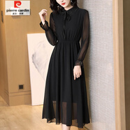 皮爾卡丹（pierre cardin）春秋娃娃領(lǐng)雪紡連衣裙長袖新款大碼長款修身收腰顯瘦長裙波點 黑色 M