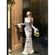 銘匯通禮服女宴會(huì )晚禮服一字肩蕾絲白色喇叭袖秋冬連衣裙女魚(yú)尾長(cháng)裙修身 圖片色 M  (165)