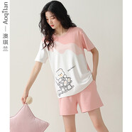 澳琪蘭睡衣女夏季薄款純棉寬松大碼夏天女裝短袖短褲胖MM家居服兩件套裝 C6881 女士XL