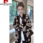 皮爾卡丹（pierre cardin）撞色音符毛衣開(kāi)衫外套女秋冬季寬松慵懶風(fēng)感中長(cháng)款加厚針織衫 黑色【早秋新款/針織衫女2024新 S 【85斤-99斤】