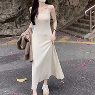巧丂針織吊帶粉色連衣裙女春秋新款內搭外穿辣妹chic收腰修身氣質(zhì)長(cháng)裙 杏色 均碼 （80-120斤）