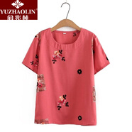 俞兆林（YUZHAOLIN）母親節中老年女裝刺繡花朵短袖棉麻t恤女夏季復古休閑上衣加肥加 桔紅色 2XL 建議105-120斤