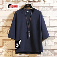 執琴之手 220斤七分袖男士短袖T恤韓版潮流加肥加大碼寬松中袖潮牌上衣服 35藏青色 3XL (150至170斤可穿)