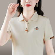 凡古拉短袖翻領(lǐng)T恤女2022夏裝新款繡花洋氣純棉polo衫顯瘦氣質(zhì)減齡上衣 米杏（夏款） 女2XL(建議120-130斤)