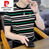 皮爾卡丹夏季冰絲麻條紋針織衫短袖T恤男青年韓版刺繡打底衫毛衣半袖體恤針織 1617黑色 M