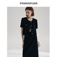 法曼萱（FAMANXUAN）黑色醋酸小香風(fēng)短袖外套女小個子2024夏季新款時尚百搭上衣 高雅黑 XL 175/96A