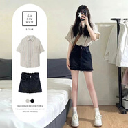 韓璐嬌（hanlujiao）連衣裙女裝2024夏季新款休閑時(shí)尚小個(gè)子穿搭顯瘦套裝牛仔裙子夏天 上衣+裙子 S