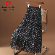 皮爾卡丹（pierre cardin）印花網(wǎng)紗半身裙女春秋新款高腰碎花a字大擺中長百褶裙垂感紗裙子 黑色 L