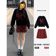 宏資琦連衣裙女裝套裝2025春季新款蝴蝶結毛衣穿搭紅色格子半身裙子秋冬 毛衣+半身裙 L