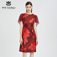 MY TENO春夏紅色提花A字連衣裙透視雪紡喇叭袖修身款禮服 紅色 M