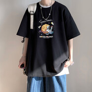 大魚(yú)界線(xiàn)日系潮牌短袖T恤男潮流ins情侶裝夏裝寬松上衣服男生印花圓領(lǐng)體恤 黑色(太空人) M(100-120斤）