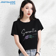 真維斯（JEANSWEST）t恤女夏季2025薄款短袖純棉寬松印花打底衫內(nèi)搭上衣女黑色短tM
