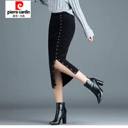 皮爾卡丹（pierre cardin）水貂絨半身裙女秋冬加厚針織包臀裙中長(cháng)款毛線(xiàn)裙一步裙長(cháng)裙子冬裙 釘珠 黑色 S 【80-90】