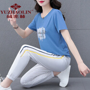 俞兆林媽媽裝冰絲運動套裝夏裝女2024新款夏天跑步服休閑短袖七分褲兩 霧藍[長褲套裝] M (建議80-95斤)