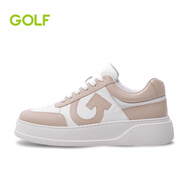 高爾夫（GOLF）男鞋牛皮厚底休閑鞋男防滑耐磨百搭板鞋透氣時(shí)尚撞色休閑鞋男 白+卡其 39