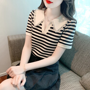 黛芭瑪時(shí)尚條紋t恤女短袖2024夏季新款花邊POLO領(lǐng)上衣修身顯瘦小衫ins 條紋 XL（110-120斤）