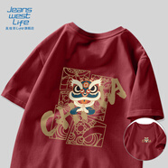 JEANSWEST LIFE真維斯國潮短袖t恤男夏季中國舞獅潮流半袖男大童純棉寬松打底衫