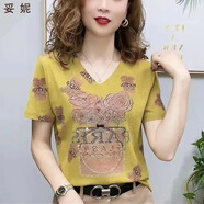 妥妮短袖t恤女v領(lǐng)2025夏季女裝花燙鉆時(shí)尚新款洋氣寬松氣質(zhì)遮肉上衣女 黃色 【高品質(zhì)燙鉆小衫】 XL 建議【85-110斤】