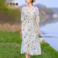 子牧棉麻夏裝 女文藝復古碎花連衣裙印花系帶中國風A字長裙子6910 白底藍花 XL(建議125-135斤)